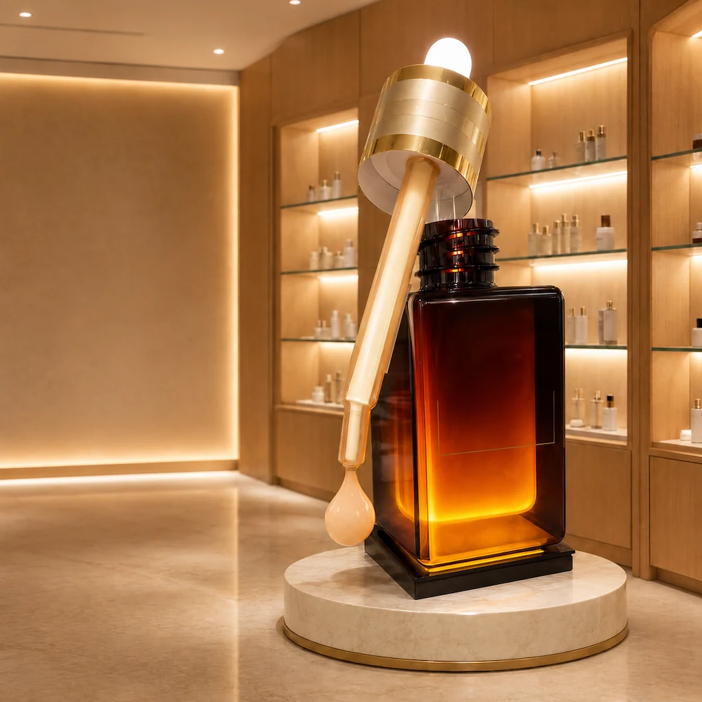 Design render of a 2.4 m amber dropper serum bottle display model lit from inside, standing on a round plinth in a warm-lit retail interior