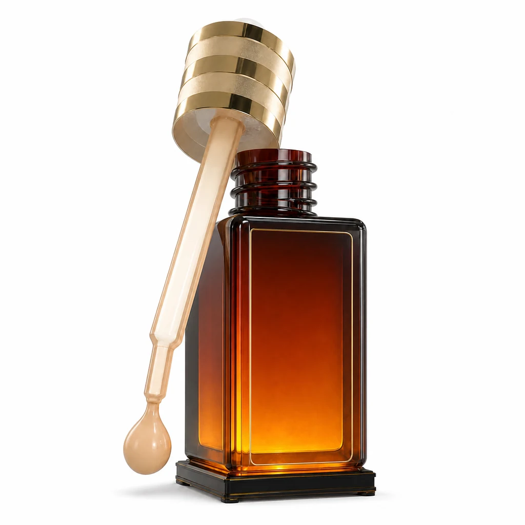Design render, straight-on elevation of the 2.4 m amber dropper bottle display model with unprinted label panel, gold collar and clear pipette lifted out