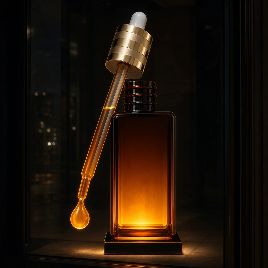 Design render of the 2.4 m display model at night in a dark window, amber light travelling up the glass pipette with a visible liquid line partway down the tube