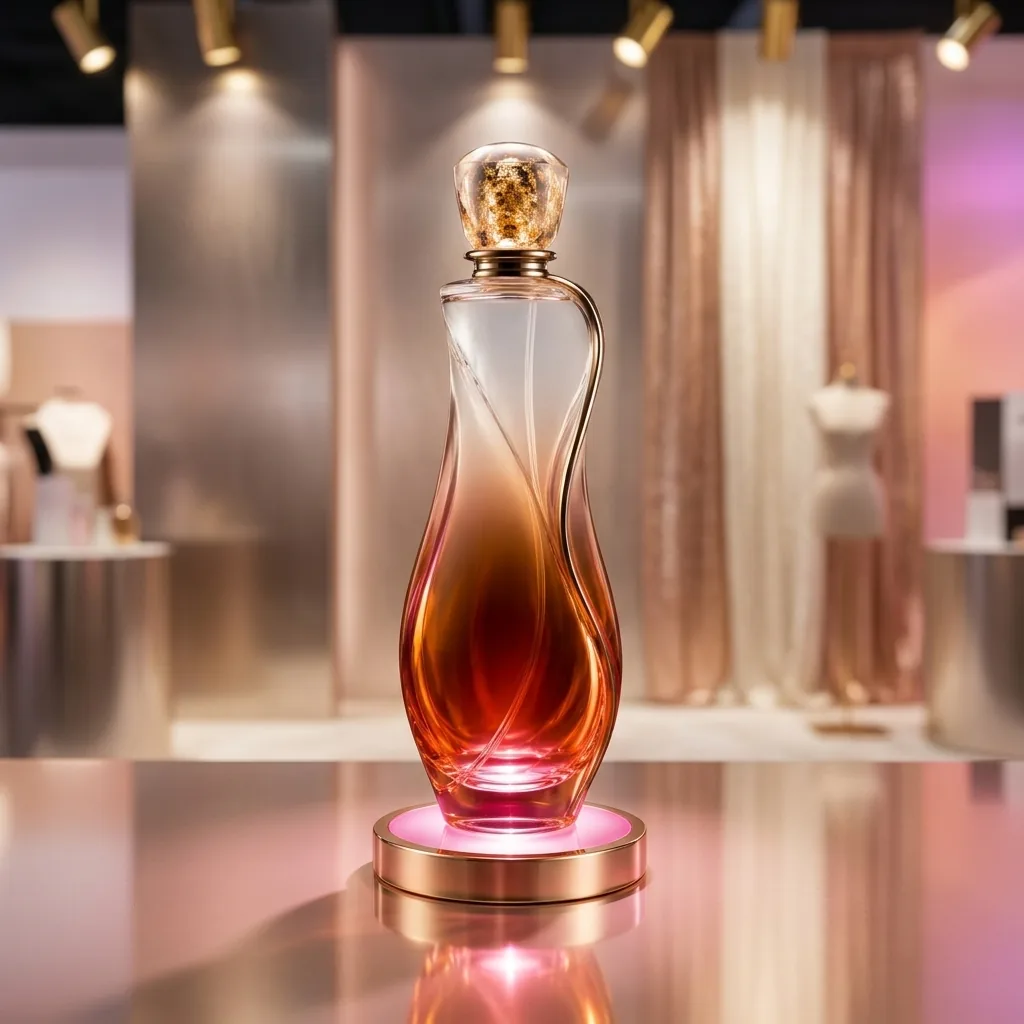 Design render of a 1 m gradient perfume bottle display replica standing on a lit round base in a boutique interior