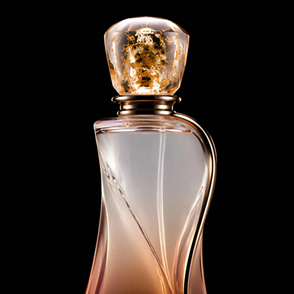 Design render detail of a 180 mm clear cap with gold leaf inclusions seated on a metal collar above a gradient bottle body