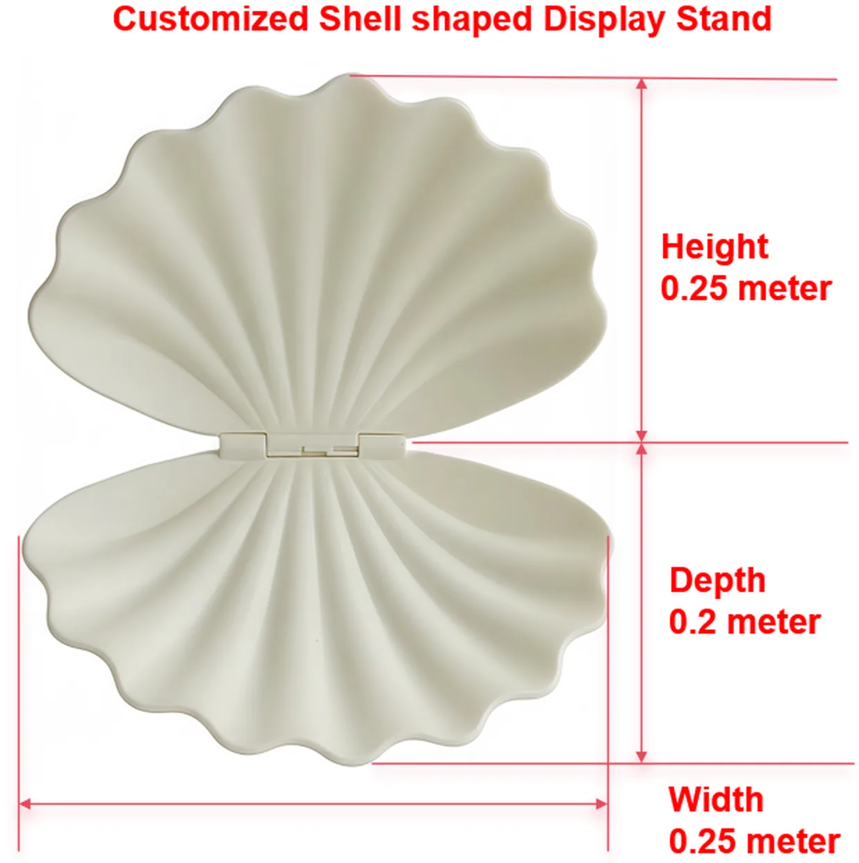 Technical drawing of a shell shaped display stand labelled 0.25 m height, 0.2 m depth and 0.25 m width, with the hinge shown as a flat pad at the centre