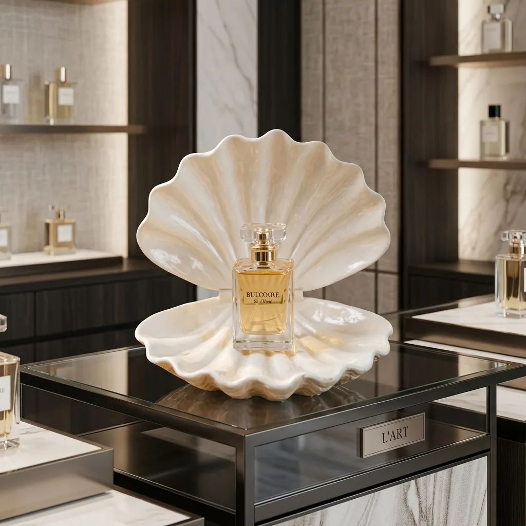 Pearl-white resin scallop shell display stand, opened, holding a perfume bottle in a retail interior