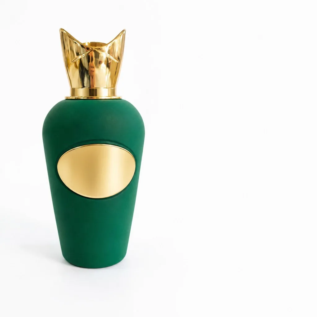 0.4 m factice perfume bottle display model in deep emerald green velvet-flocked fiberglass with a polished gold sculpted cap and a blank gold oval label