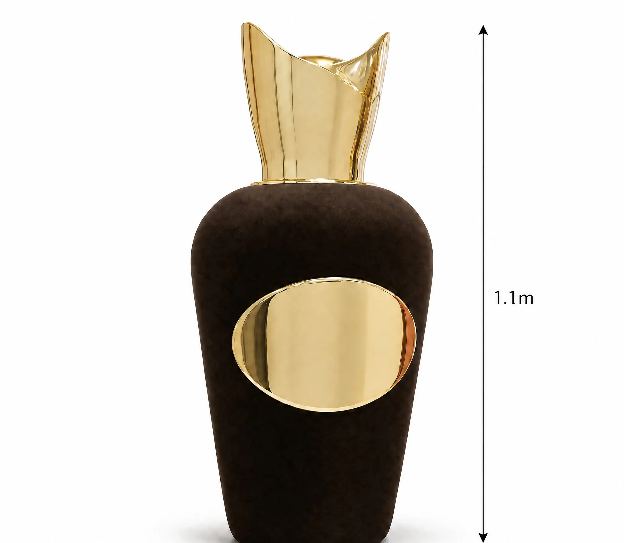 1.1 m giant perfume bottle factice display model in deep brown velvet-flocked fiberglass with a gold-plated sculpted cap