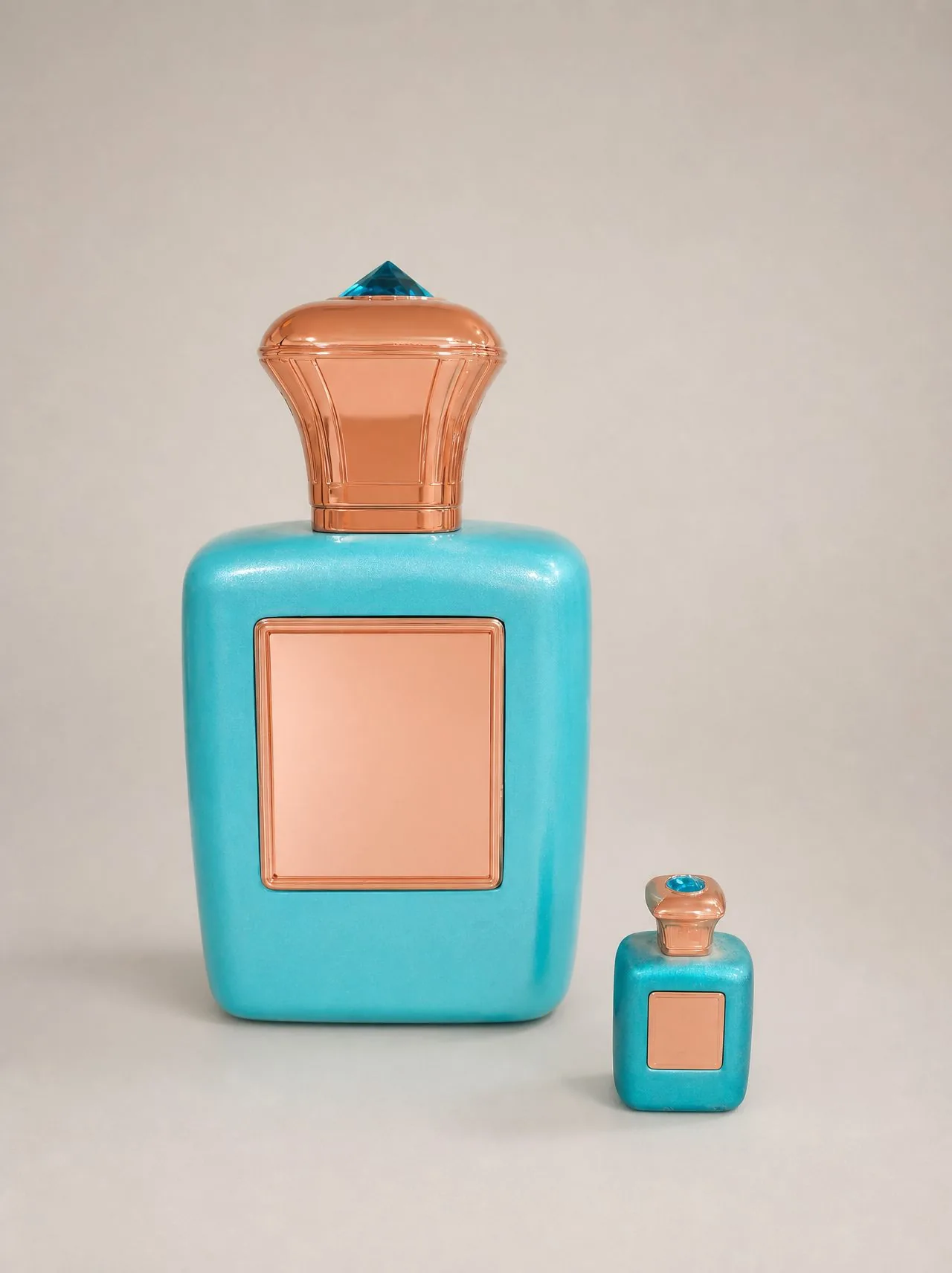 Turquoise pearl-finish perfume bottle display models with rose-gold caps and faceted blue gem finials on a studio background