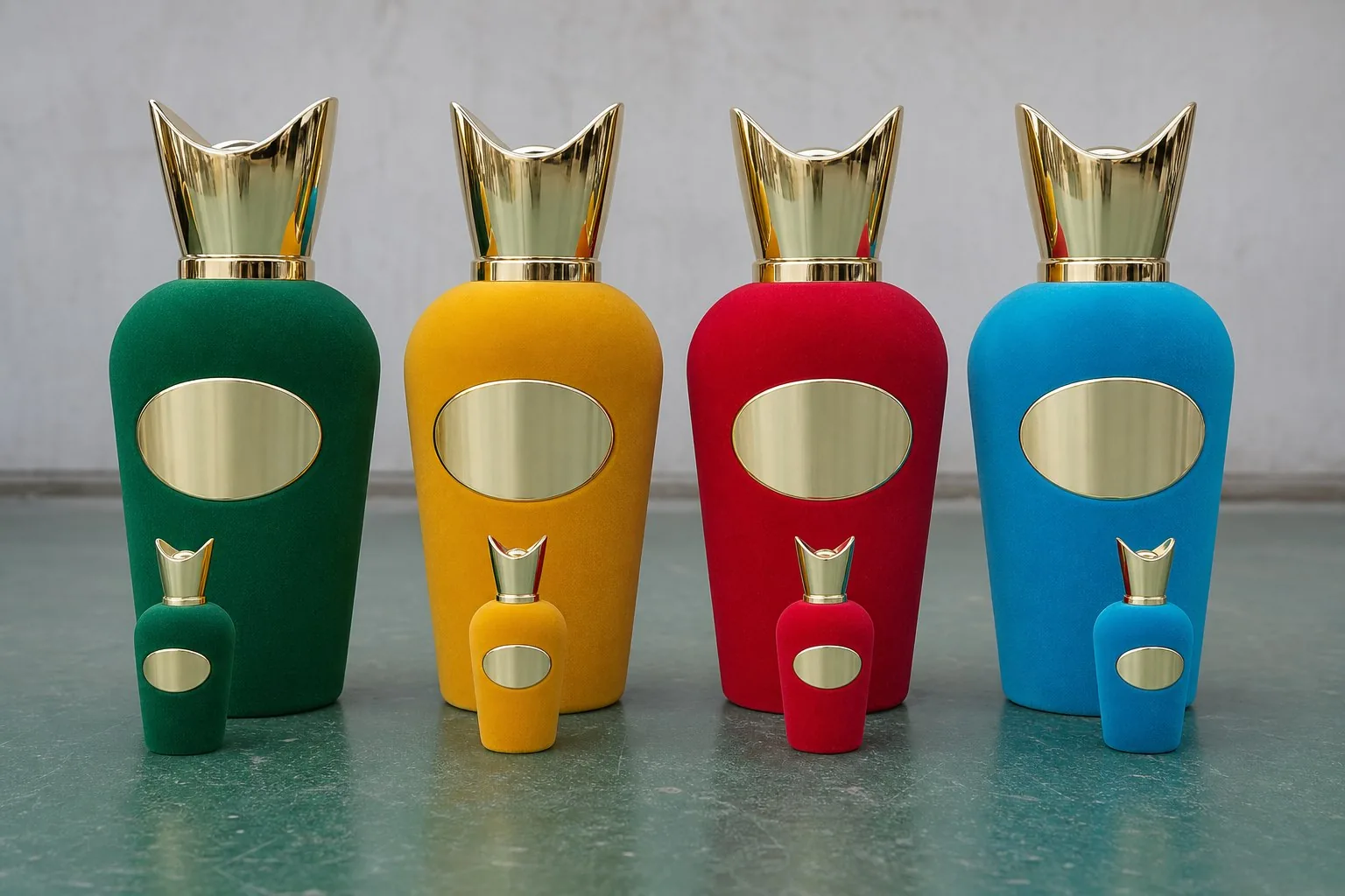 Velvet-flocked factice perfume bottles in green, yellow, red and blue, each with a polished gold sculpted cap and a blank gold oval label