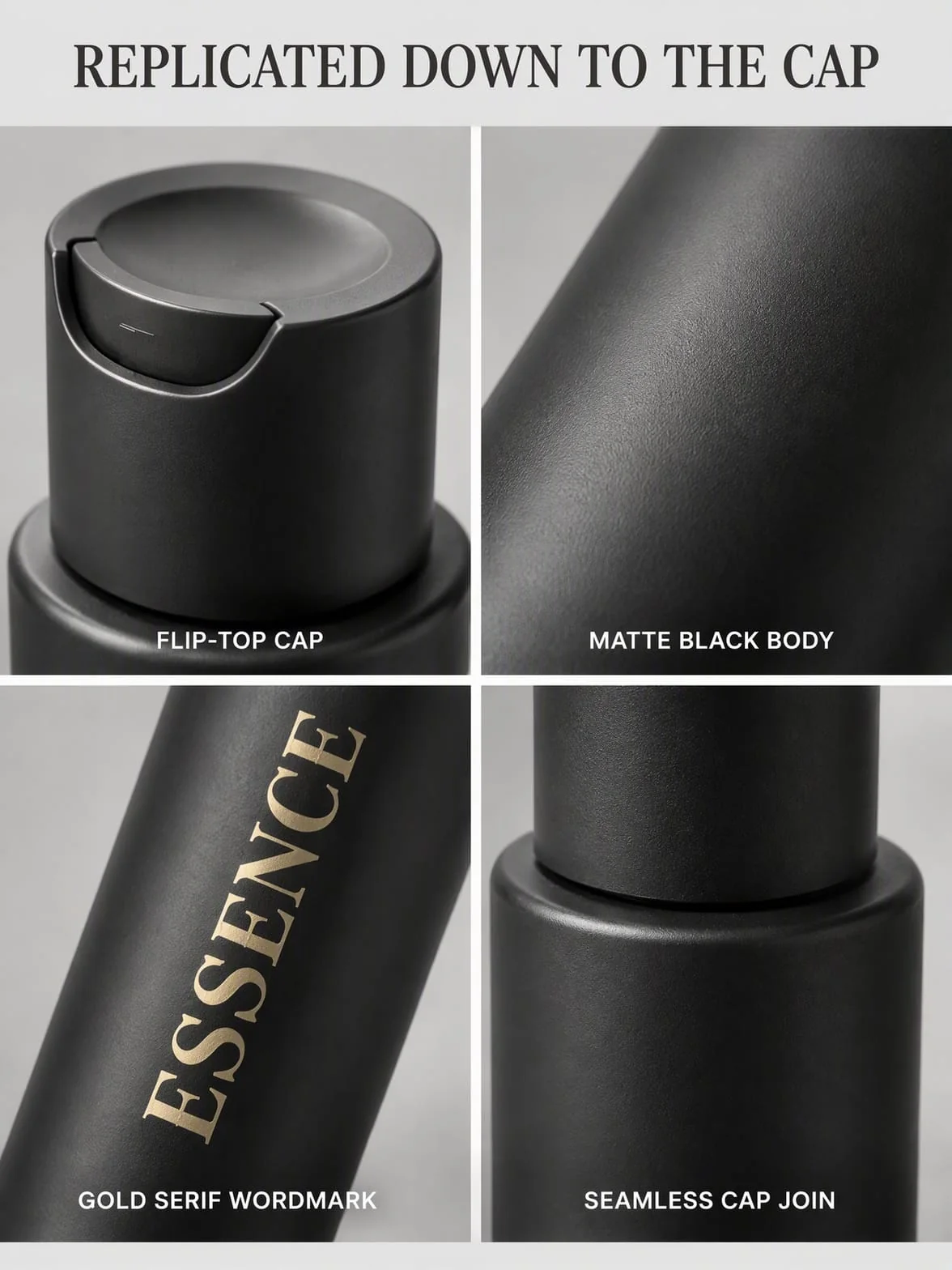 Close-up views of the flip-top recess, matte black acrylic surface, gold lettering and cap joint on a giant cosmetic bottle model