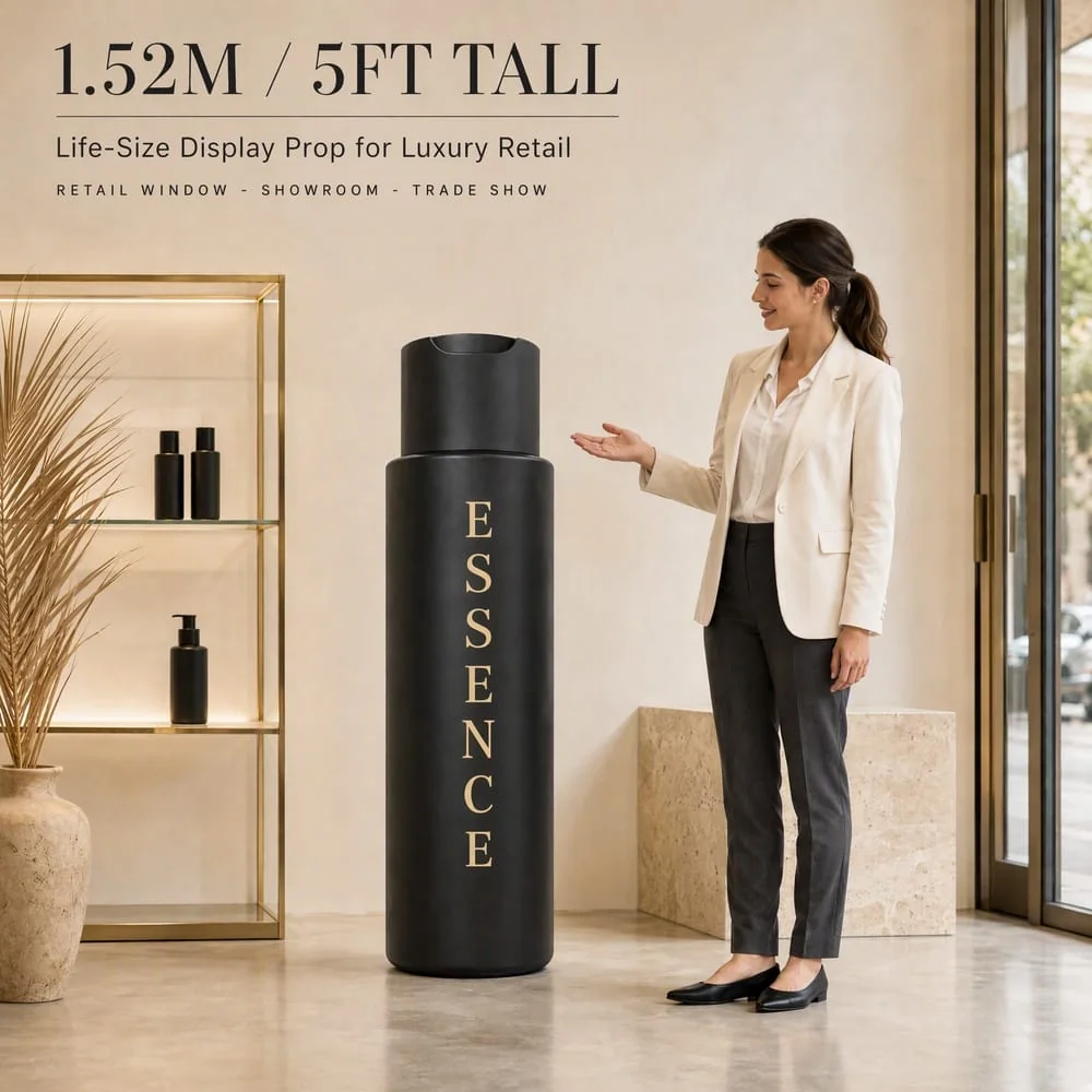 Woman standing beside a 1.52 m giant cosmetic bottle display model in a retail showroom to demonstrate scale