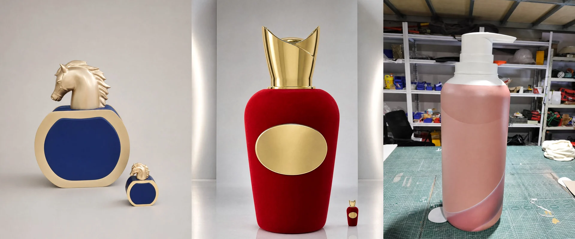 Selected Key-Joint display projects: sculpted horse-head perfume models, a red velvet-flocked giant bottle and an oversized lotion bottle prototype