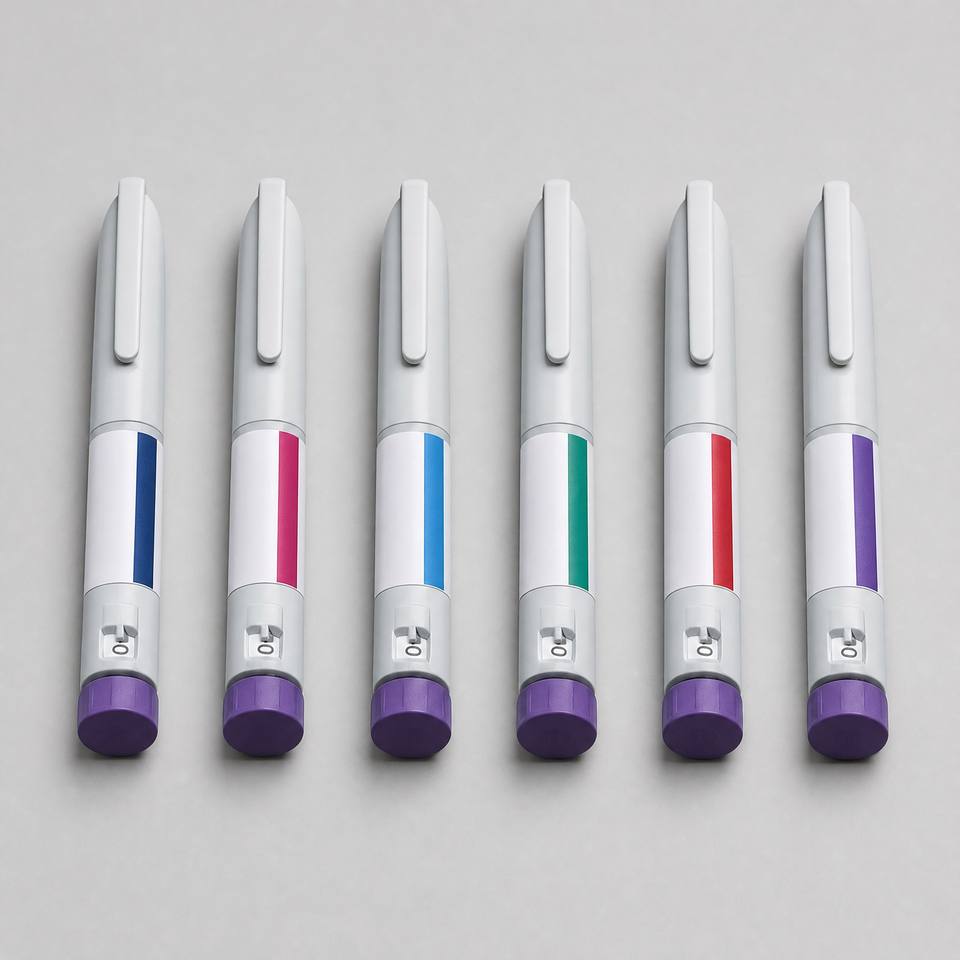 Six resin injection pen display models laid flat showing colour bands, dosing windows and textured dials