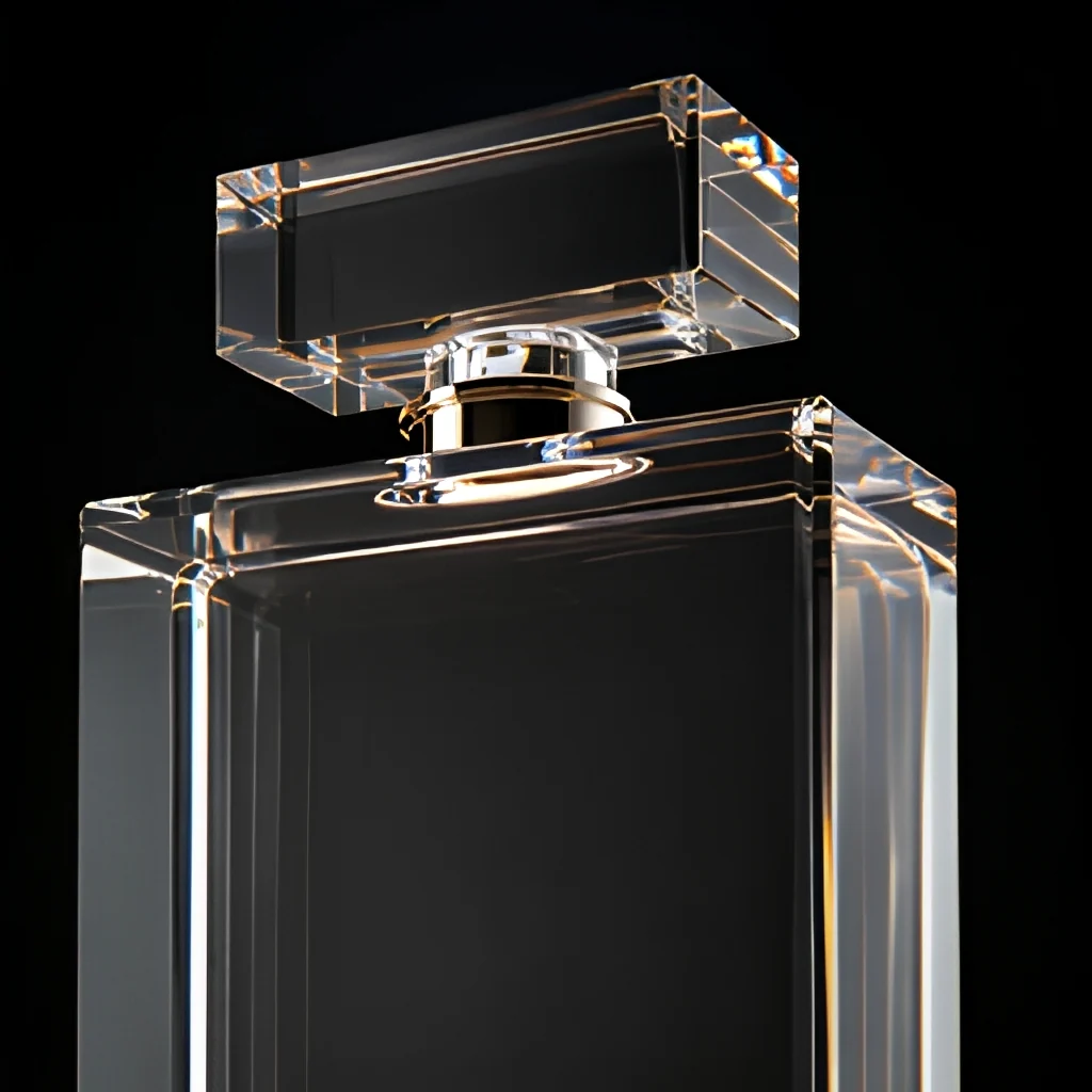 Close-up of the acrylic cap and metallic neck ring on the giant perfume bottle display, showing the polished edge and crystal-clear body