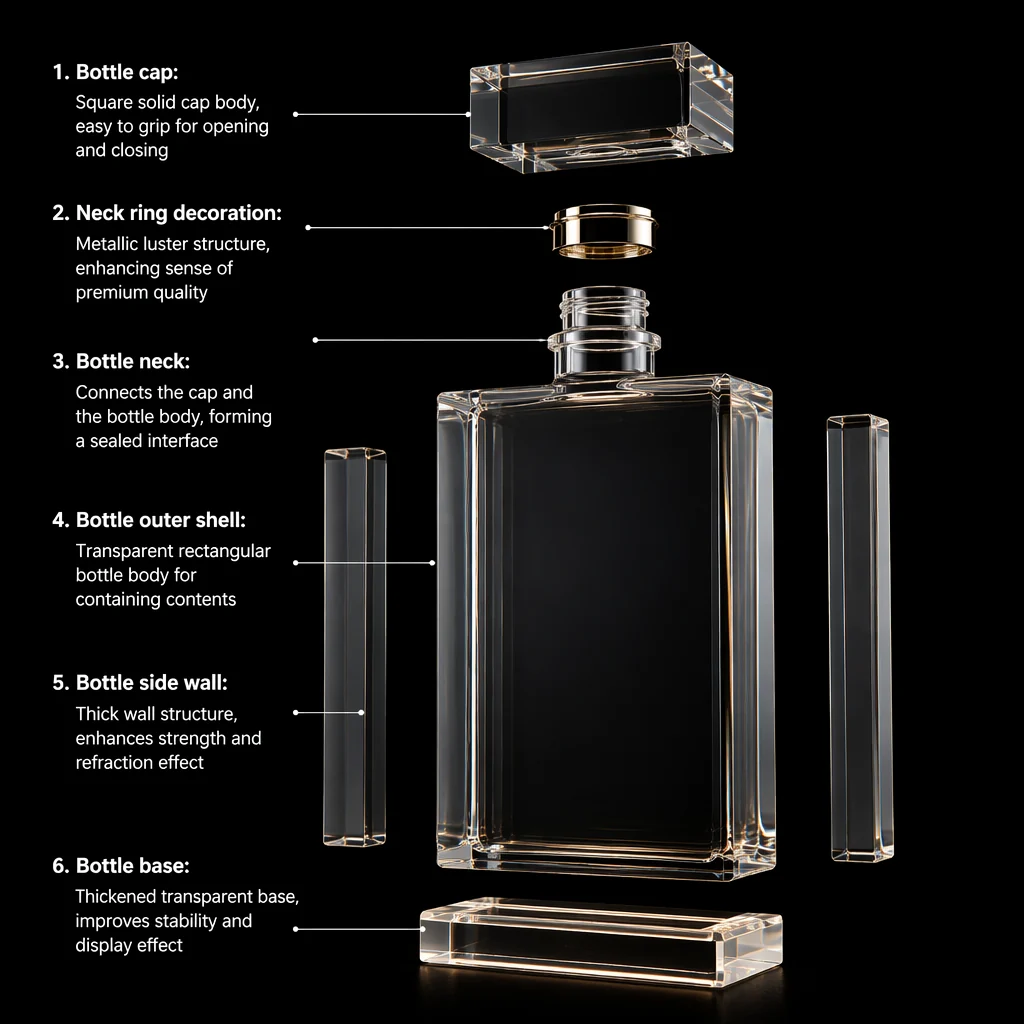 Exploded technical diagram of the prism acrylic display showing the square cap, metallic neck ring, bottle neck, outer shell, side walls and base as separate parts