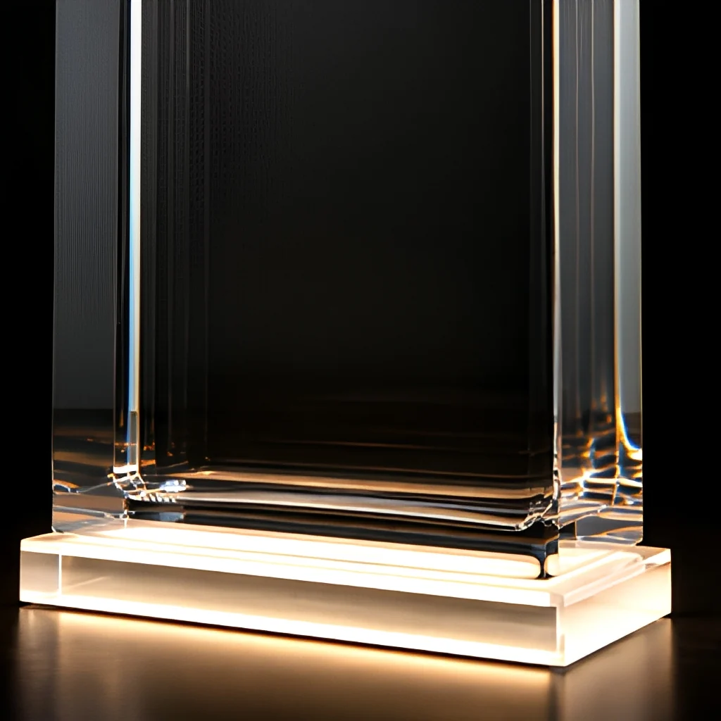 Close-up of the illuminated acrylic base of the giant perfume bottle display, showing warm light diffused through the base panel