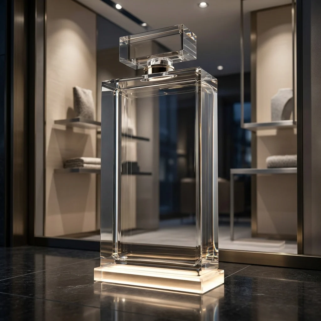1.2 m transparent prism acrylic perfume bottle display model with a square cap and an illuminated base, shown in a dark retail interior